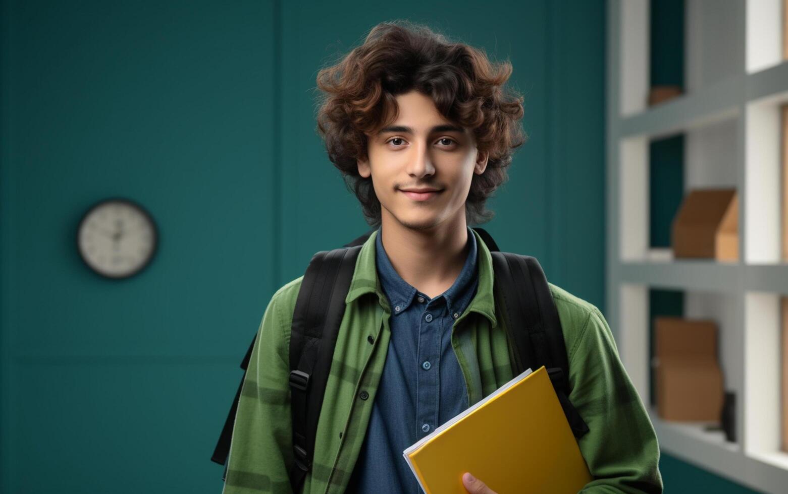 ai gerado aluna sorridente com escola saco e caderno foto