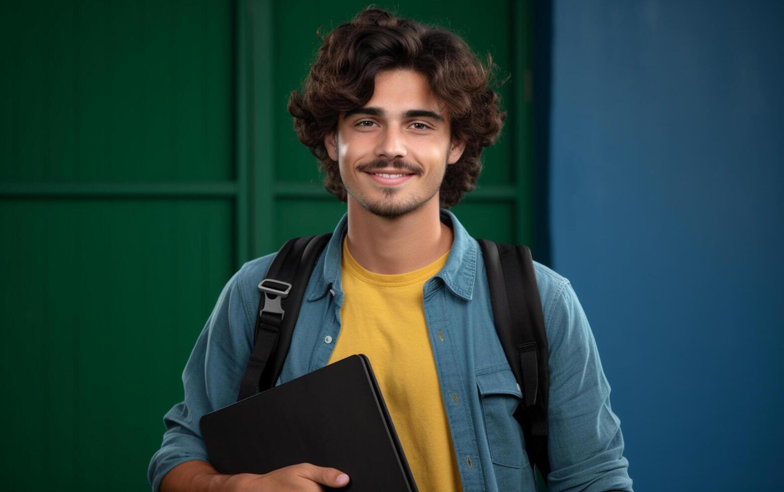 ai gerado aluna sorridente com escola saco e caderno foto