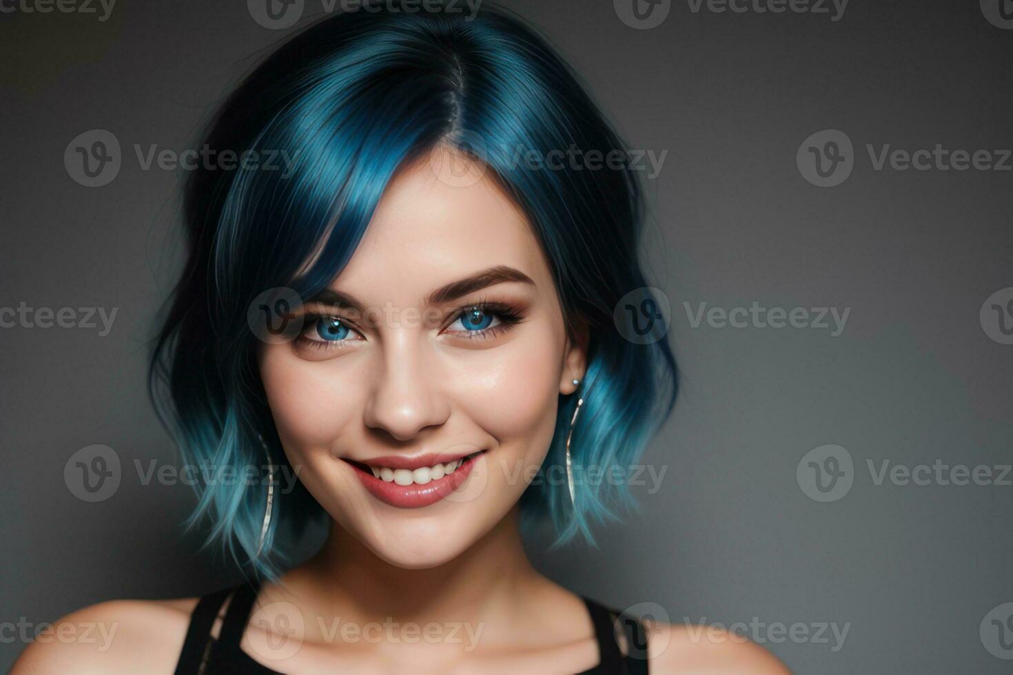 ai gerado retrato lindo azul cabelo e olhos jovem modelo mulher com branco dentes sorriso, saudável grandes cabelo e beleza pele. conceito do publicidade dentista e facial Cuidado. generativo ai foto