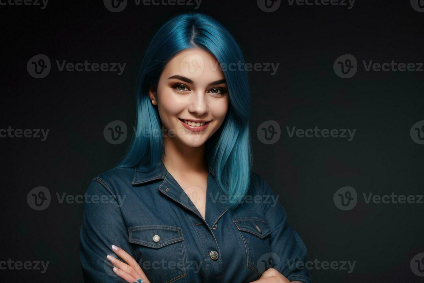 ai gerado retrato lindo azul cabelo e olhos modelo mulher com branco dentes sorriso, saudável grandes cabelo e beleza pele em Sombrio fundo. conceito do publicidade dentista e facial Cuidado. generativo foto