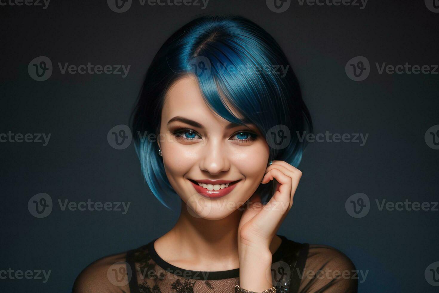 ai gerado retrato lindo azul cabelo e olhos modelo mulher com branco dentes sorriso, saudável grandes cabelo e beleza pele em Sombrio fundo. conceito do publicidade dentista e facial Cuidado. generativo foto