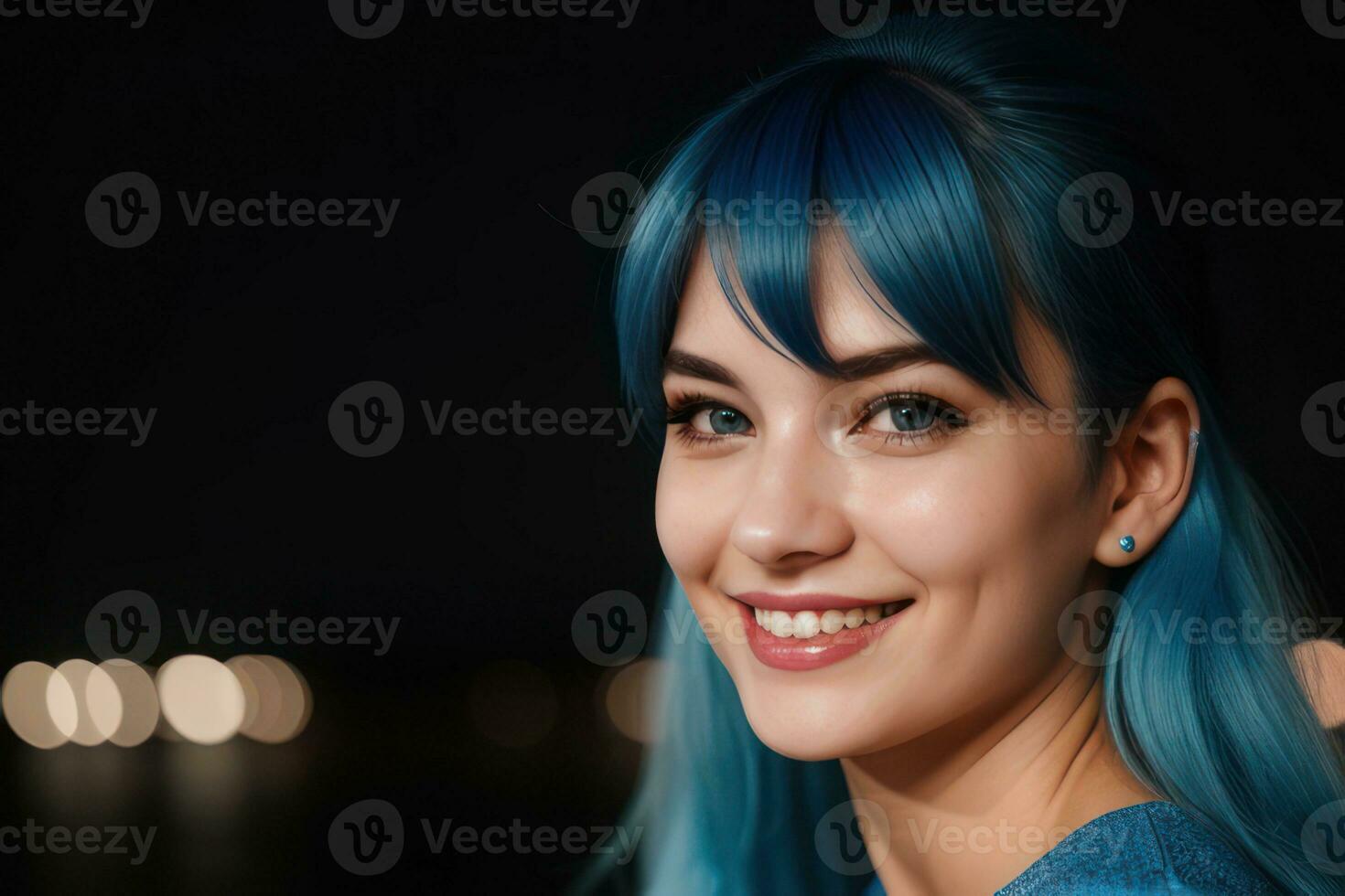 ai gerado retrato lindo azul cabelo e olhos modelo mulher com branco dentes sorriso, saudável grandes cabelo e beleza pele em Sombrio fundo. conceito do publicidade dentista e facial Cuidado. generativo foto