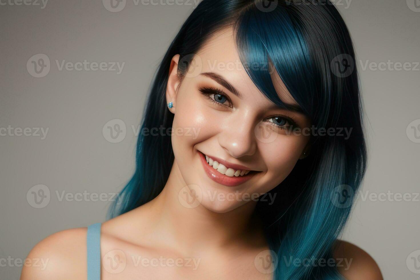 ai gerado retrato lindo azul cabelo e olhos jovem modelo mulher com branco dentes sorriso, saudável grandes cabelo e beleza pele. conceito do publicidade dentista e facial Cuidado. generativo ai foto