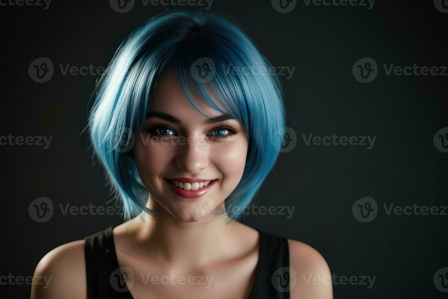 ai gerado retrato lindo azul cabelo e olhos modelo mulher com branco dentes sorriso, saudável grandes cabelo e beleza pele em Sombrio fundo. conceito do publicidade dentista e facial Cuidado. generativo foto