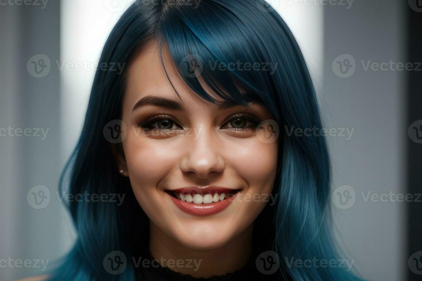 ai gerado retrato lindo azul cabelo e olhos jovem modelo mulher com branco dentes sorriso, saudável grandes cabelo e beleza pele. conceito do publicidade dentista e facial Cuidado. generativo ai foto