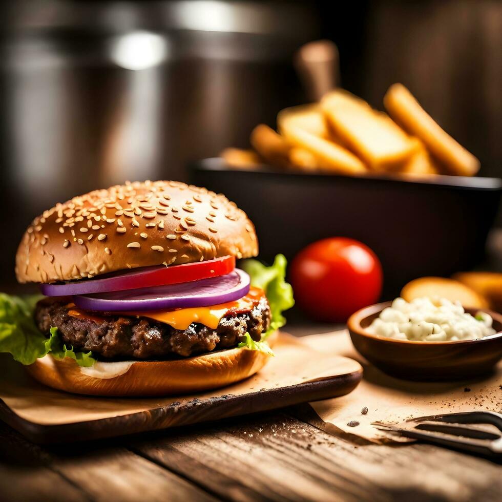 ai gerado retrato Visão do Hamburger colocada em uma mesa com de outros comida, pronto para consumo. foto