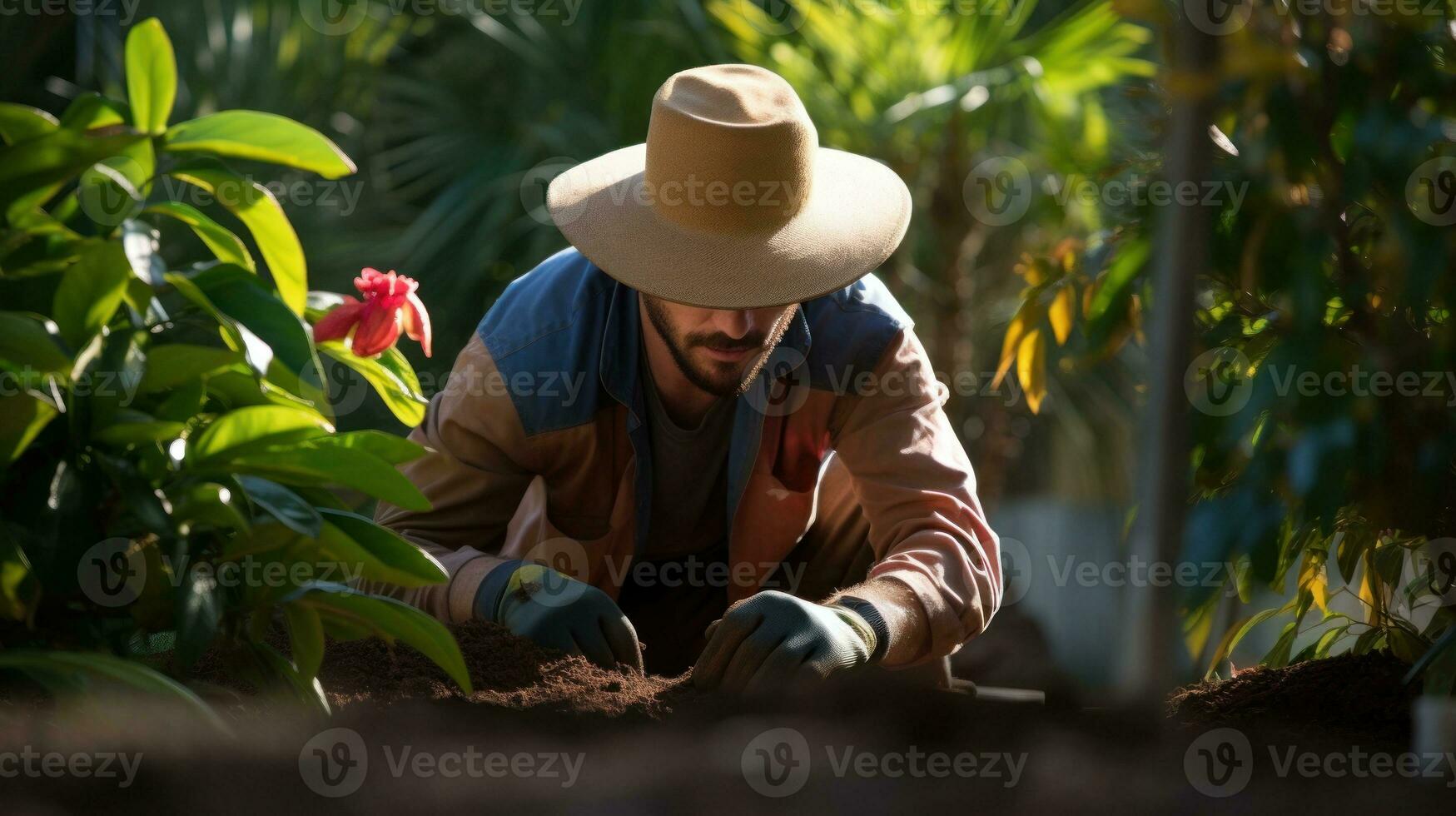 ai gerado seu jardineiro cuidadosamente parece depois de a plantas dentro a jardim. generativo ai foto