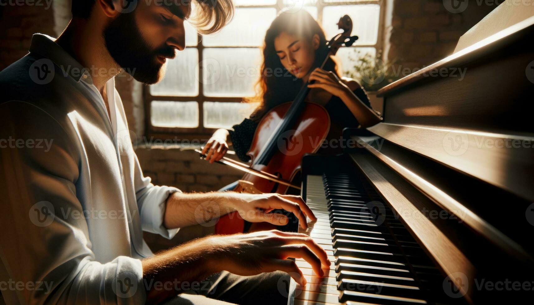 ai gerado uma homem e mulher jogando a violoncelo e violino, criando harmonioso música junto. generativo ai foto