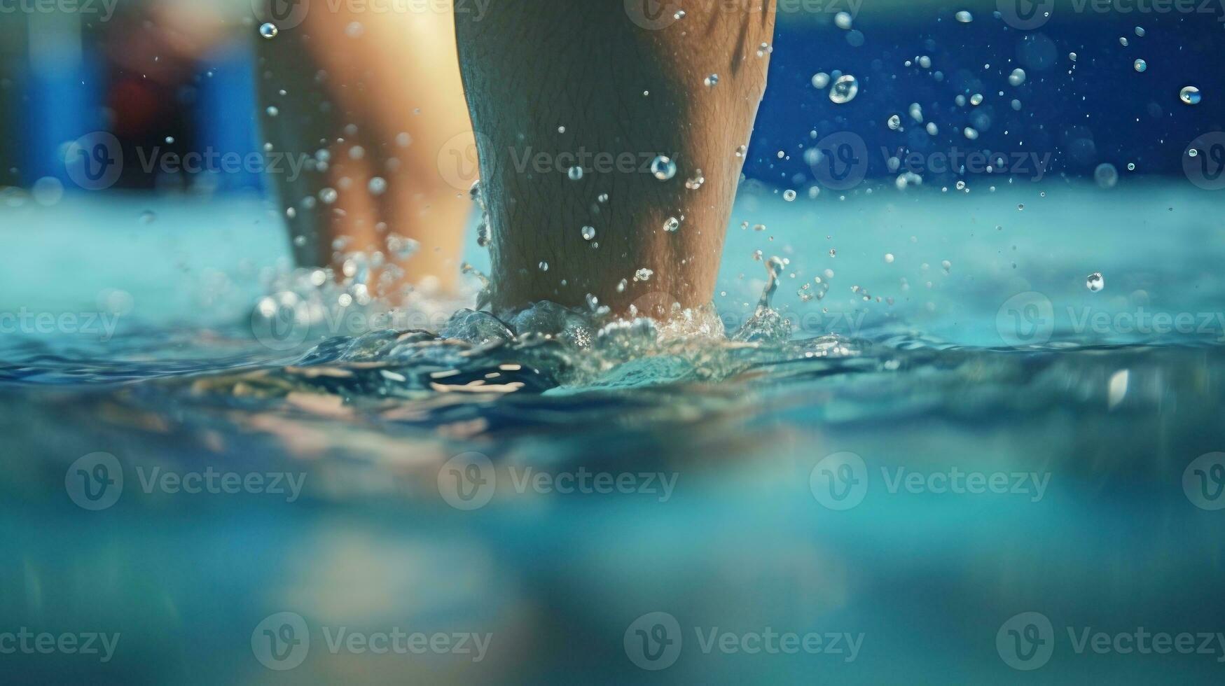 ai gerado uma nadador em pé dentro uma piscina com dele pés dentro a água. generativo ai foto