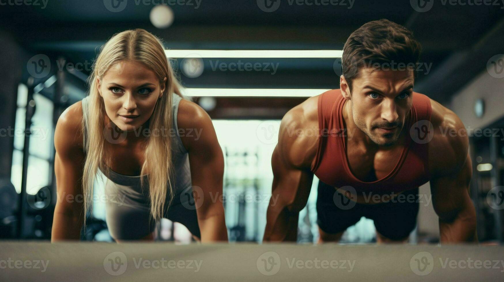 ai gerado uma homem e mulher realizando flexões dentro uma academia, exibindo seus força e dedicação para fitness. generativo ai foto