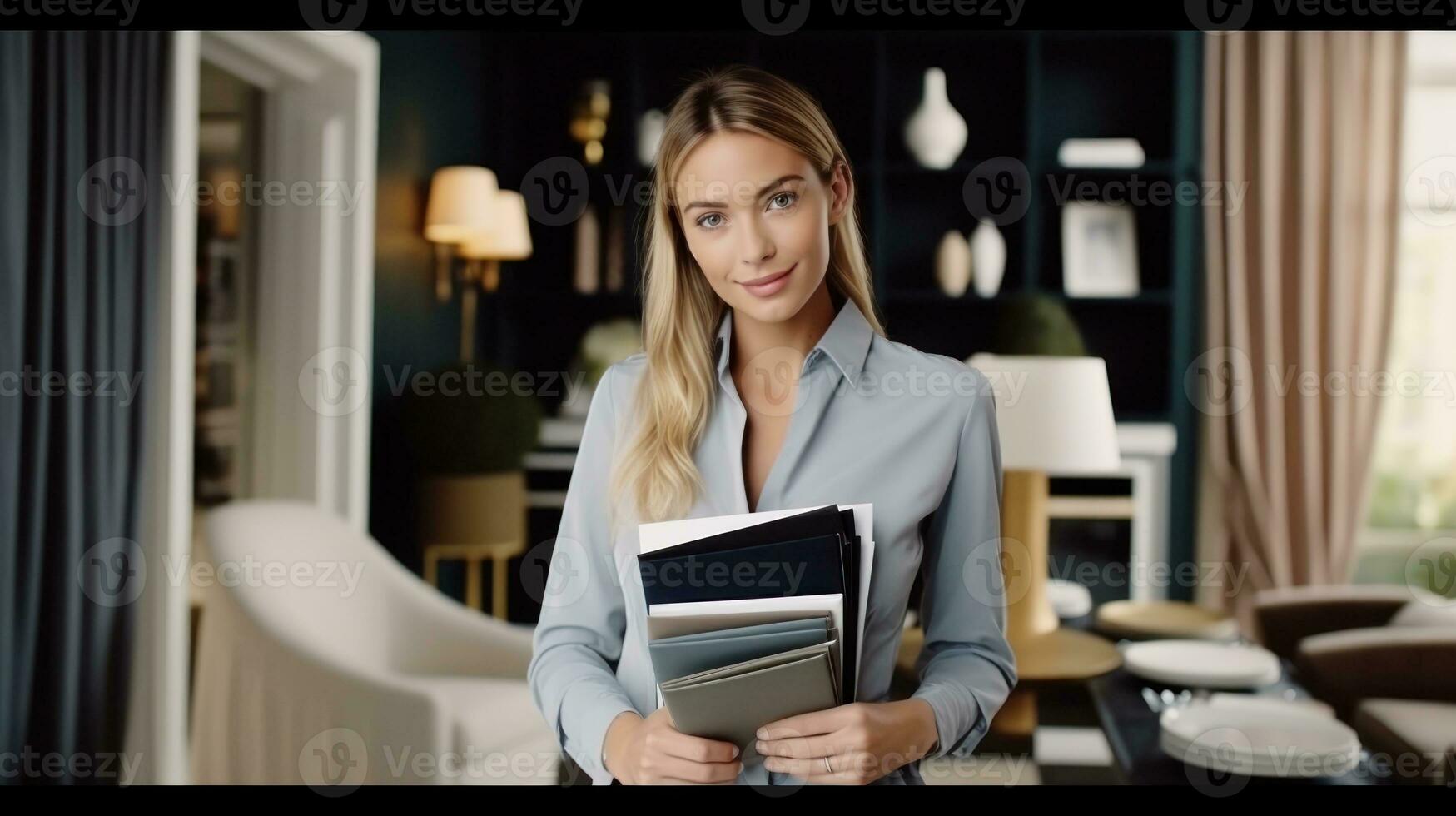 ai gerado uma mulher segurando uma cor amostra dentro frente do uma estante, examinando cores para interior Projeto. generativo ai foto