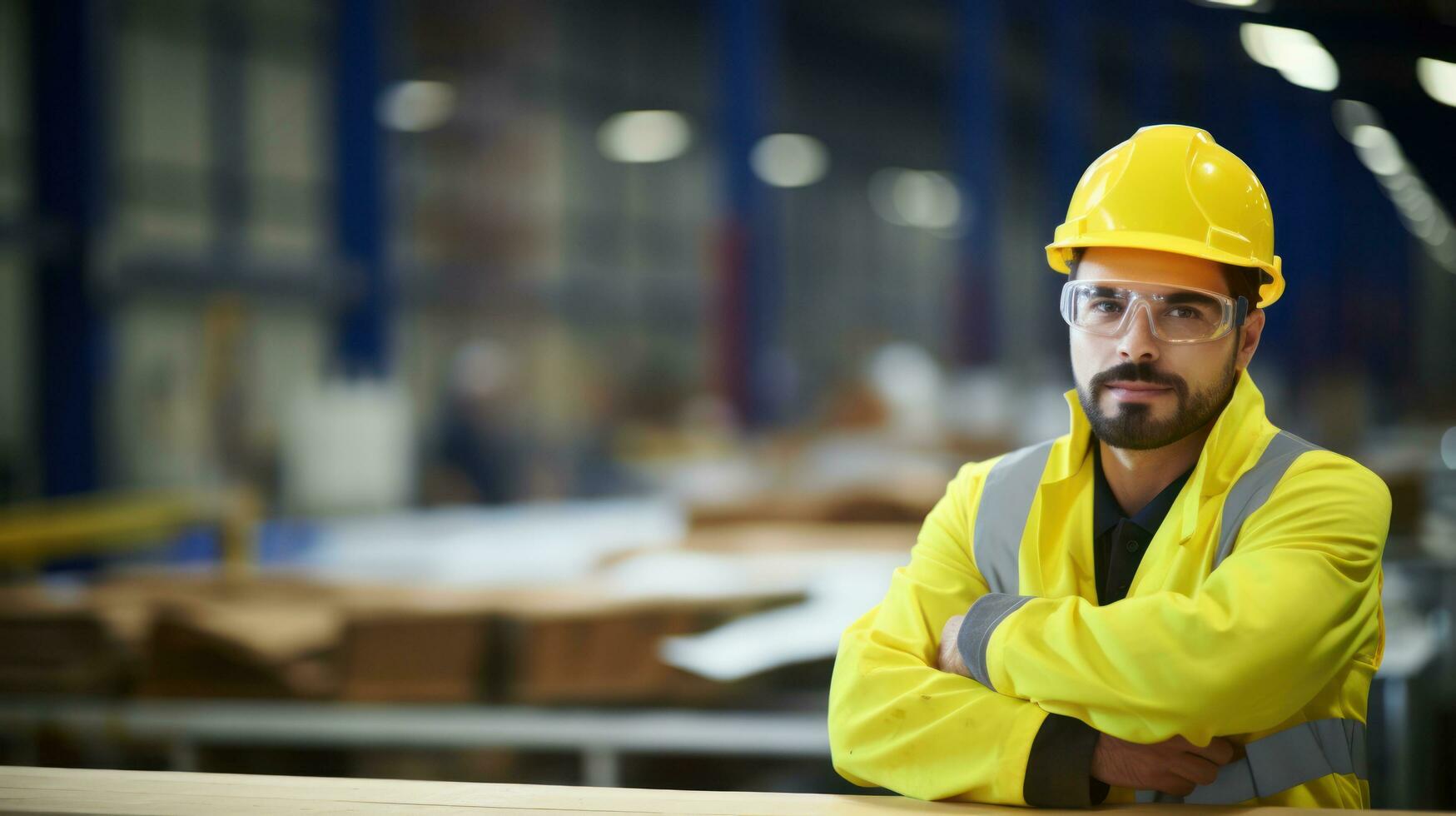 ai gerado uma trabalhador dentro protetora engrenagem carrinhos dentro uma fábrica. generativo ai foto