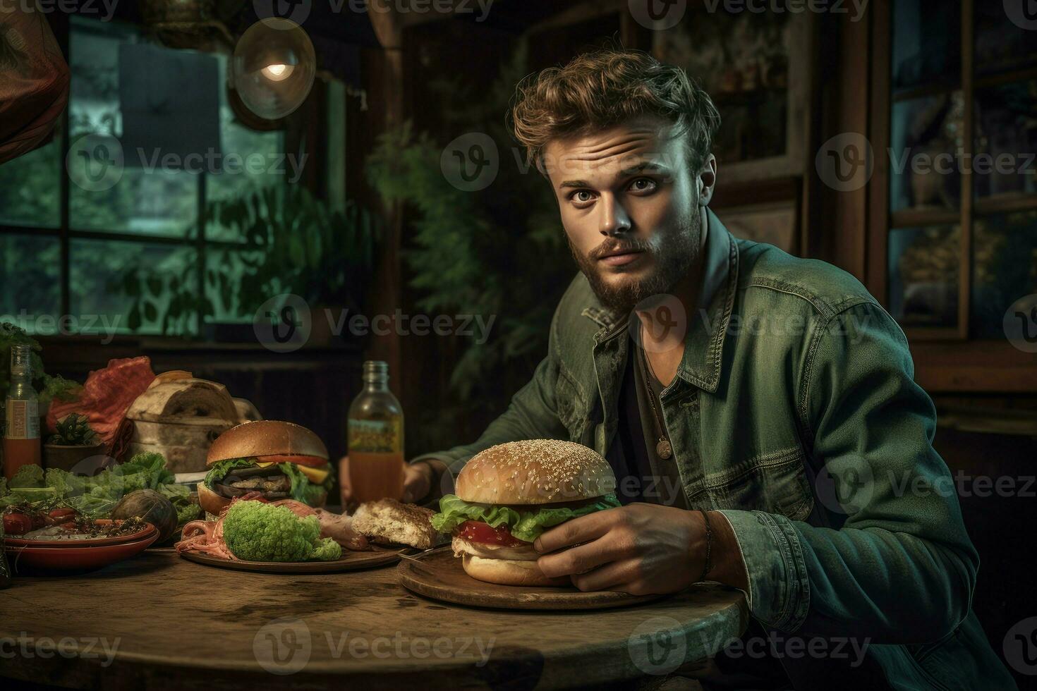 ai gerado homem comendo grande hamburguer às mesa. gerar ai foto