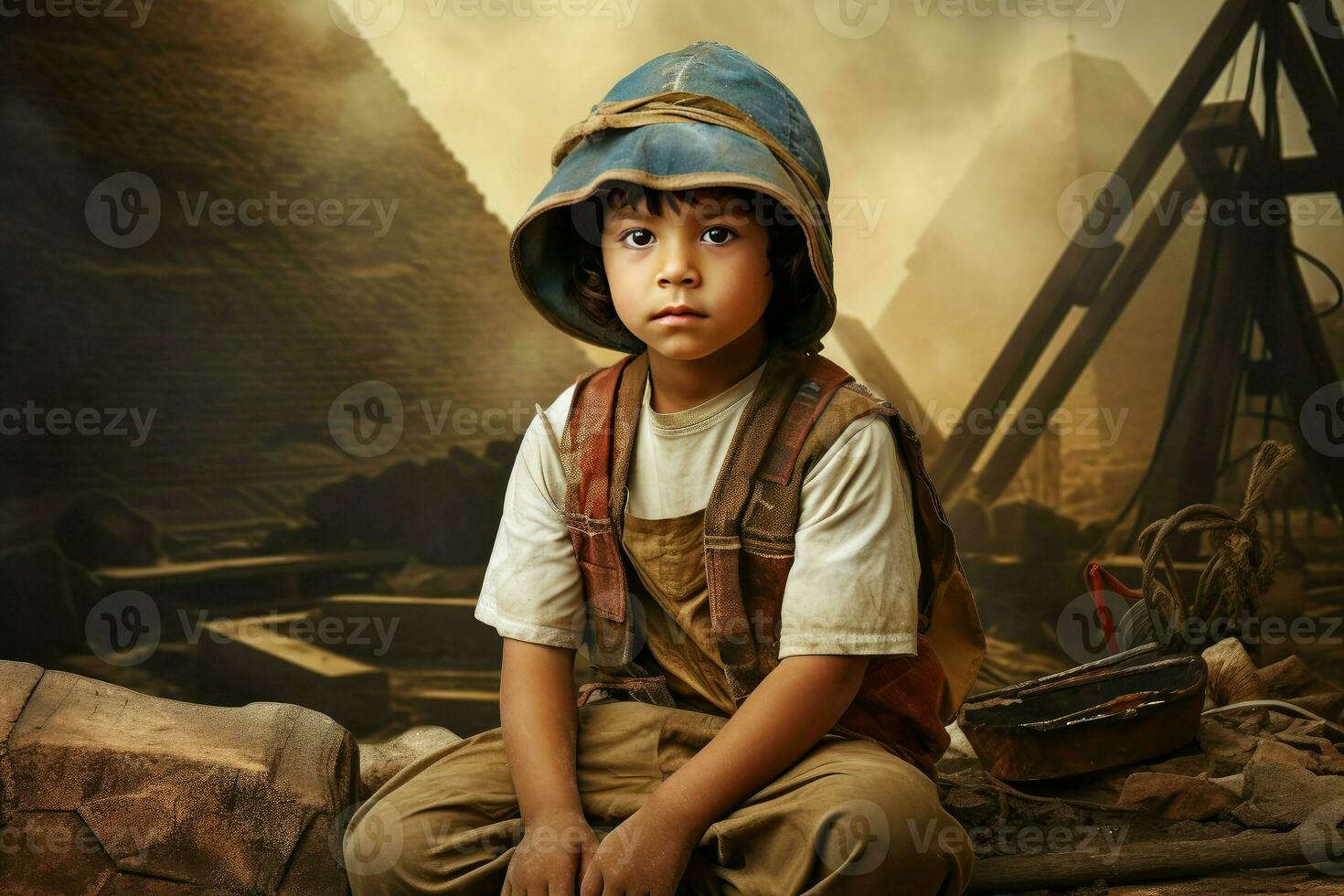 ai gerado misterioso antigo egípcio pirâmide criança garoto. gerar ai foto