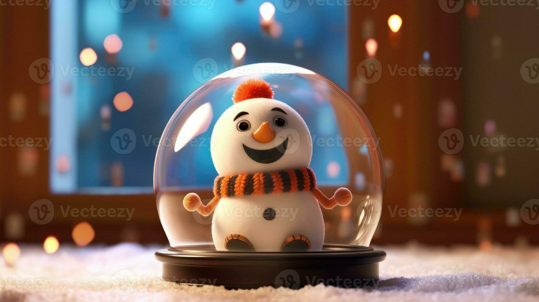 ai gerado alegre boneco de neve dentro festivo Globo de neve com bokeh luzes foto