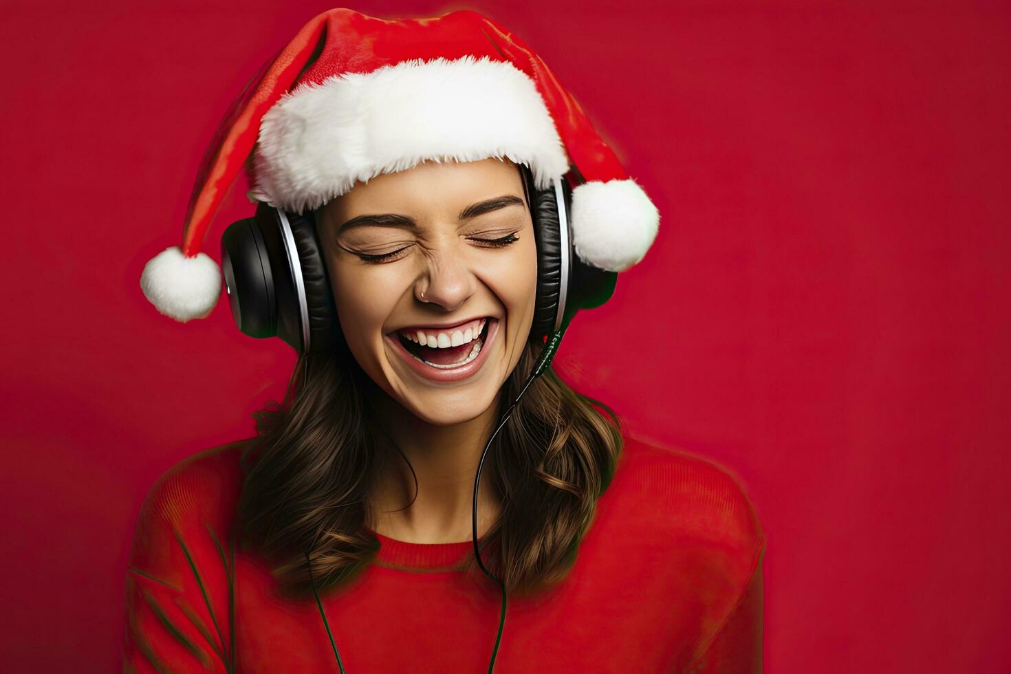 ai gerado uma jovem mulher vestindo uma santa claus chapéu e fones de ouvido contra uma vermelho fundo. foto