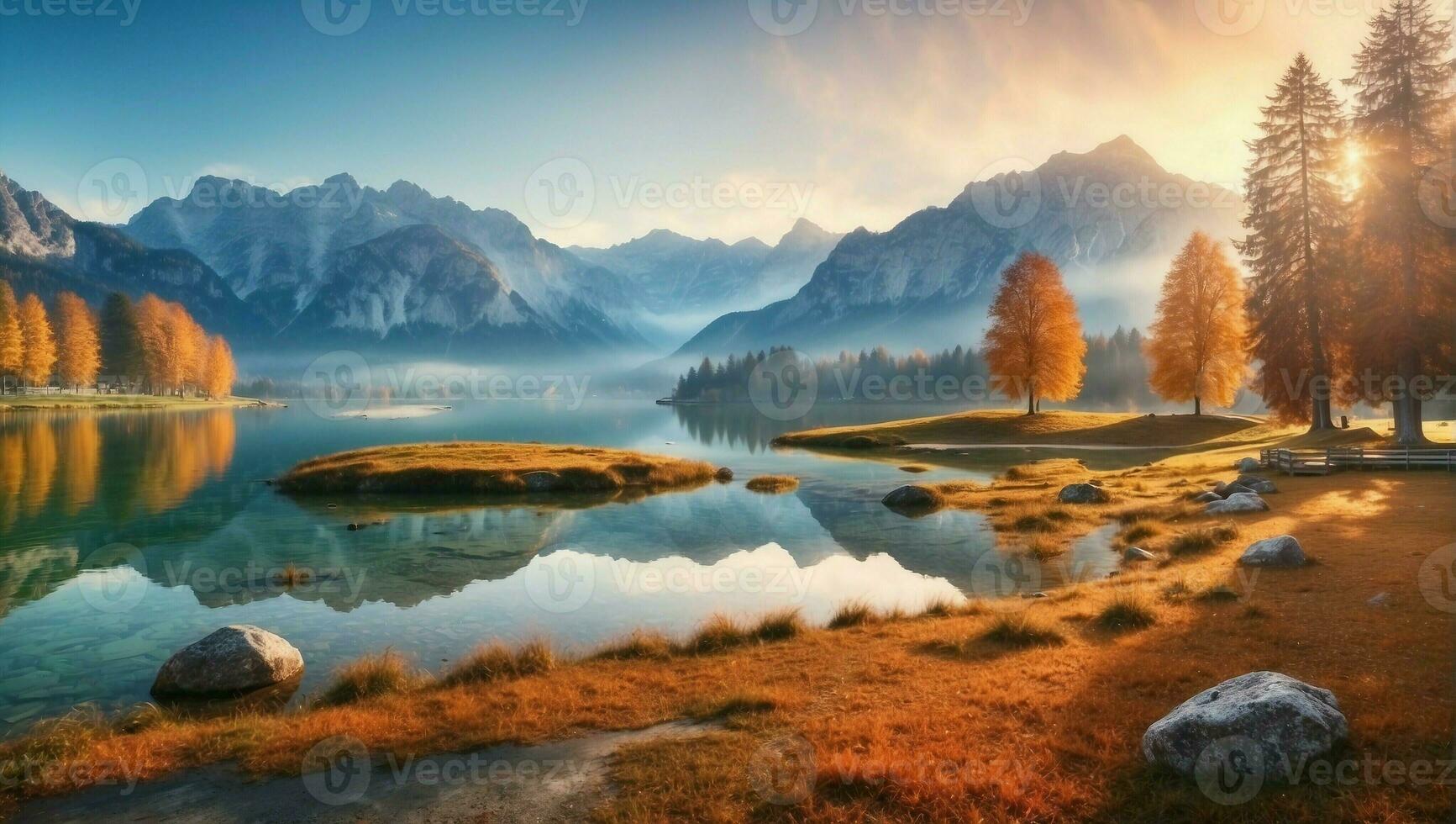 ai gerado outono manhã panorama e reflexivo lago refletindo a beleza do natureza foto