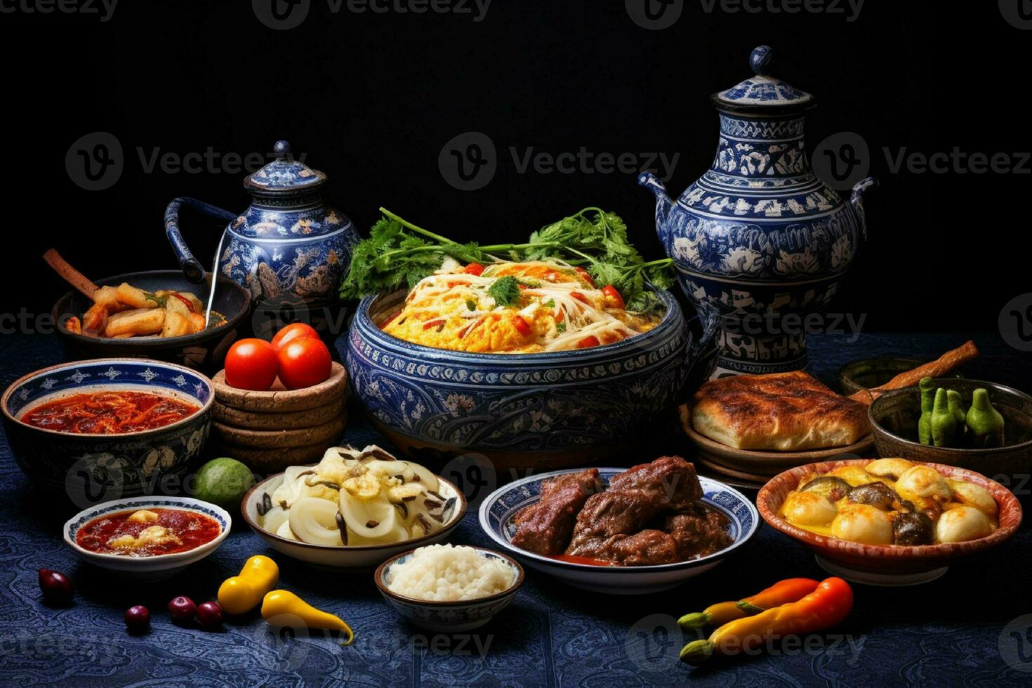 ai gerado tradicional oriental pratos com carne legumes e especiarias em a mesa foto