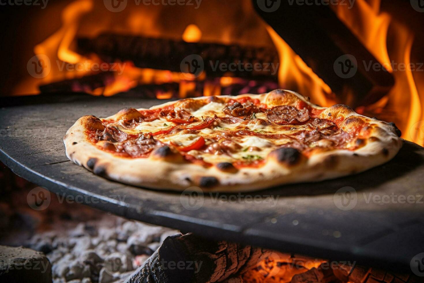 ai gerado quente pizza dentro a forno em uma de madeira borda. fogo dentro a fundo foto