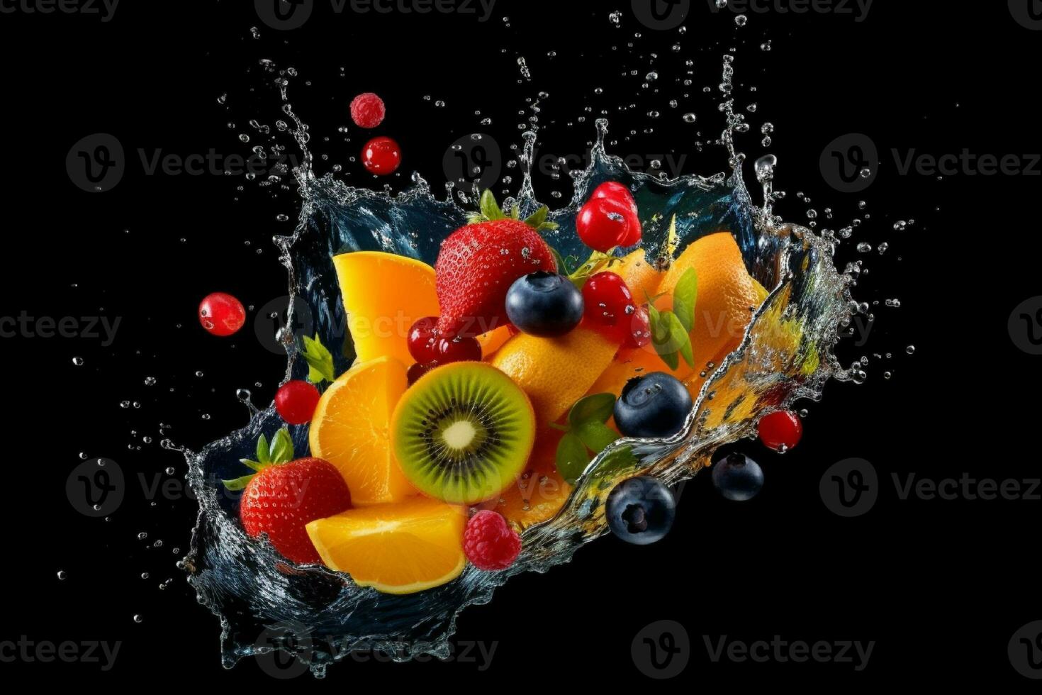 ai gerado fruta espirrando para dentro uma vidro do suco em uma Preto fundo foto