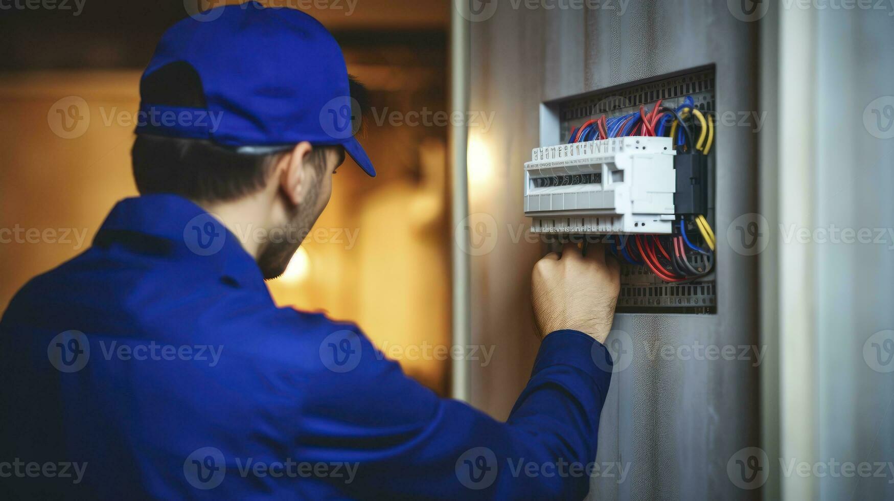 ai gerado uma jovem eletricista perícia dentro desmontagem uma da casa elétrico painel foto