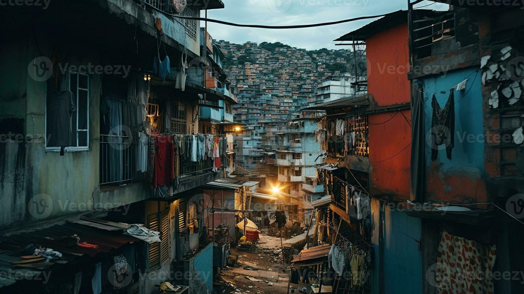 ai gerado generativo ai, brasileiro favelas comunidade, panorâmico Visão com muitos casas, urbano Cidade pobre casa edifícios foto