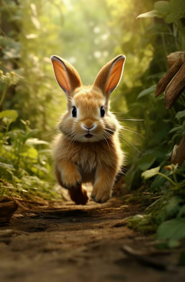 ai gerado fofa pequeno Coelho corrida baixa uma caminho dentro a bosques, foto