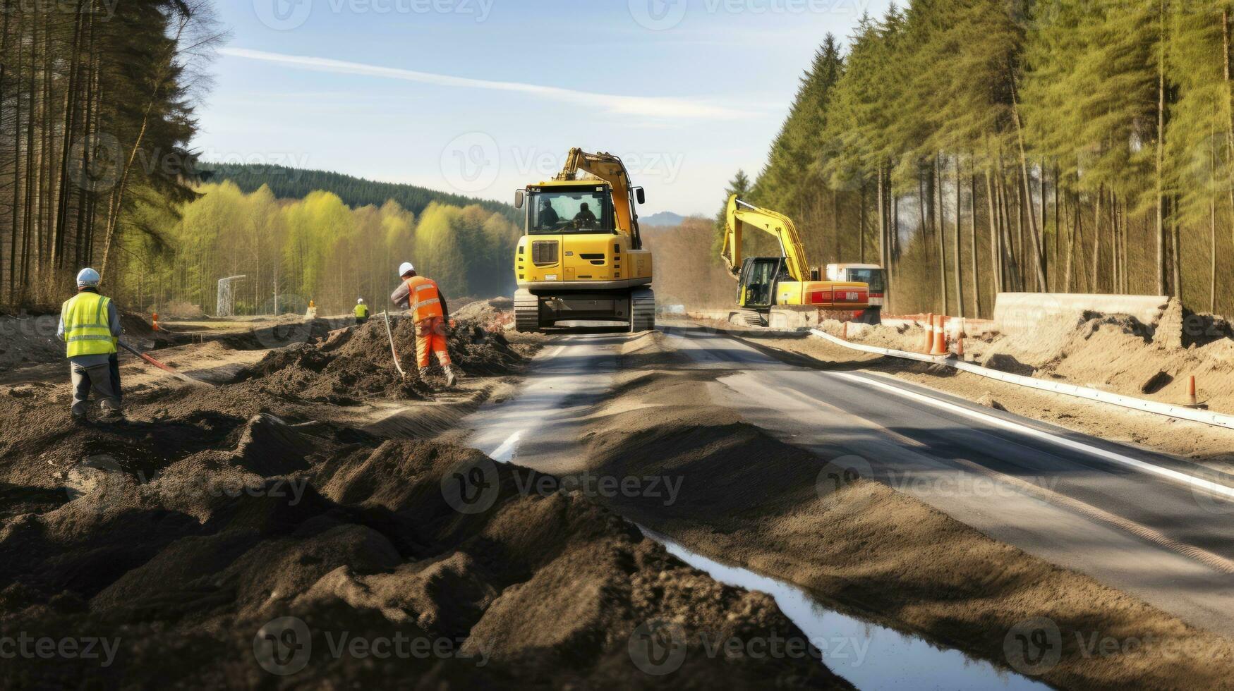 ai gerado deitado Novo chão. a viagem do estrada construção e a retroescavadeira crucial Função foto