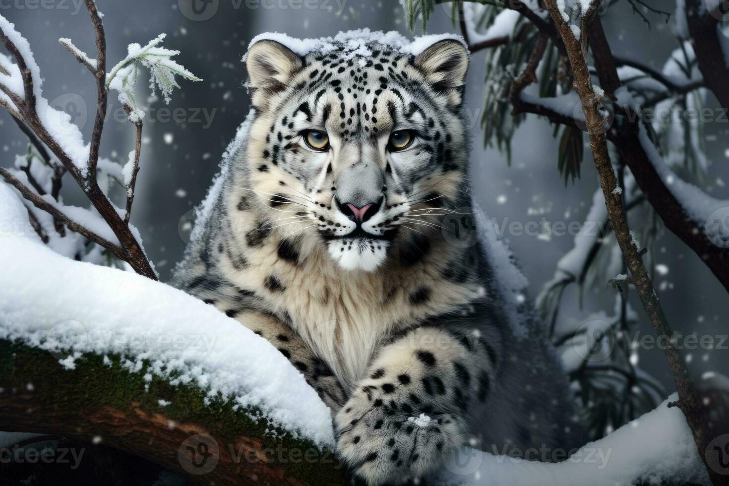 ai gerado imagem do neve leopardo corrida dentro a montanhas madeira foto