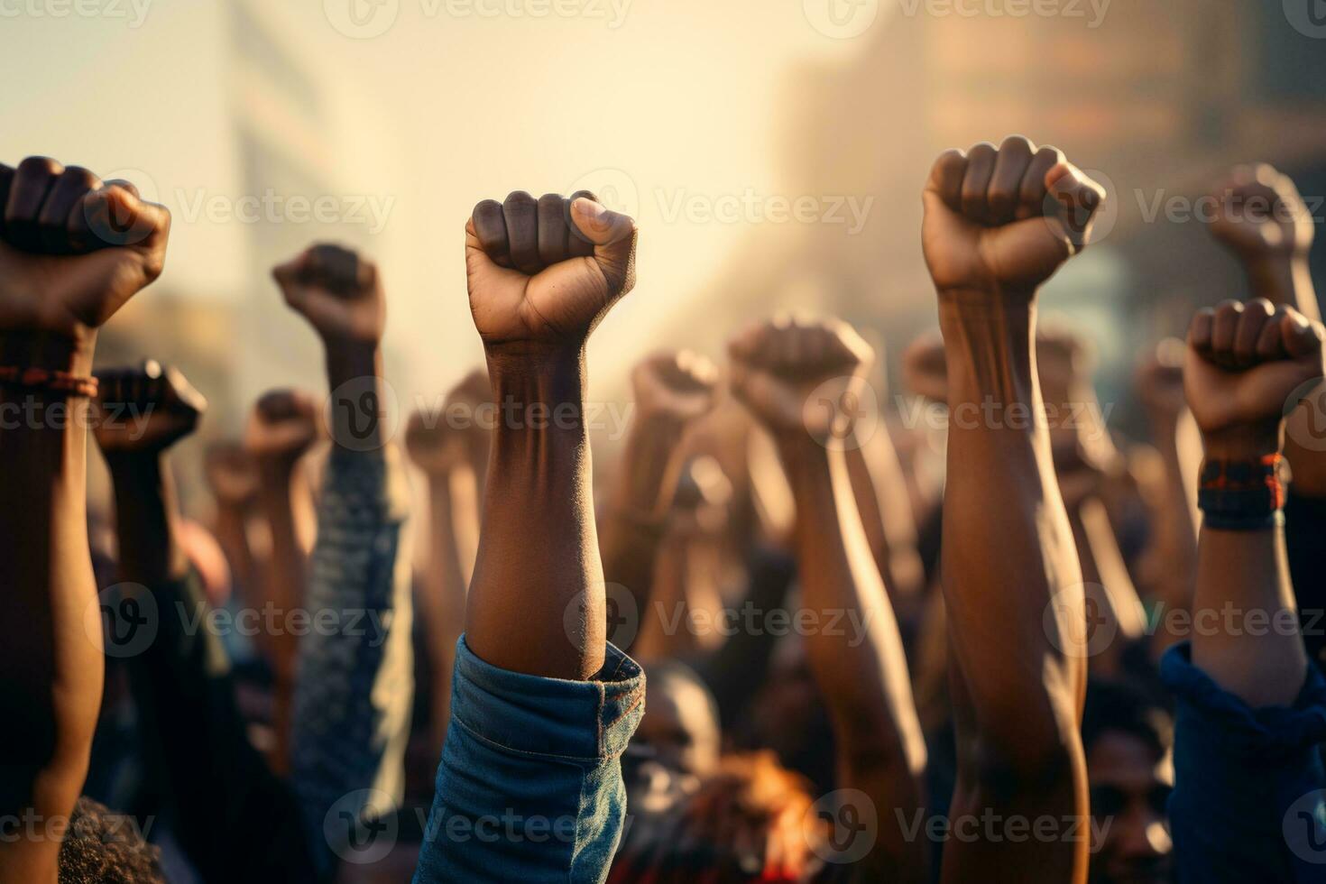 ai gerado grupo do multi étnico pessoas levantando seus punhos acima dentro a ar foto