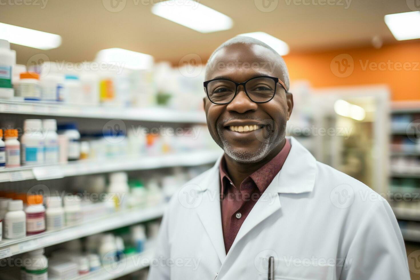 ai gerado retrato do sorridente africano americano farmacêutico em pé dentro farmácia foto