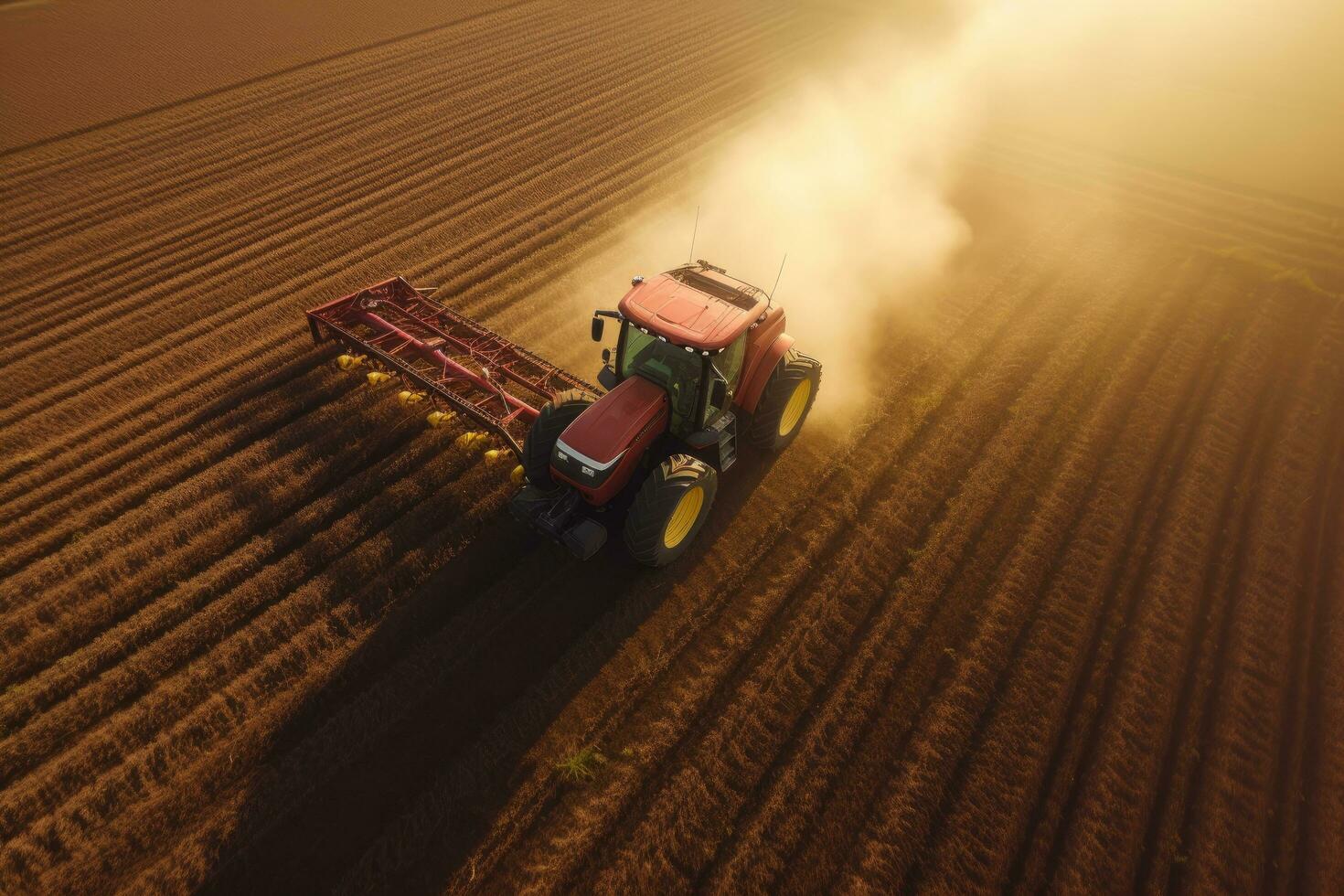 ai gerado aéreo Visão do a trator trabalhando em a ampla trigo campo, aéreo Visão do uma trator fertilizante uma cultivado agrícola campo, ai gerado foto