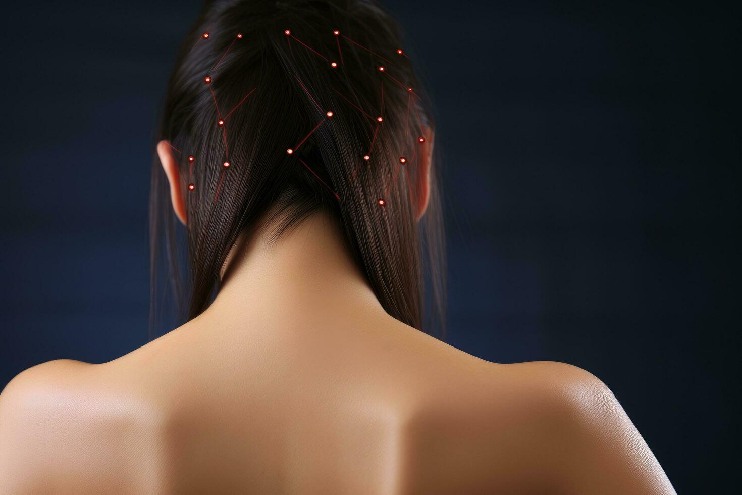 ai gerado costas Visão do jovem mulher com vermelho ponto em dela costas contra Sombrio fundo, acupuntura agulhas dentro mulher voltar, ai gerado foto