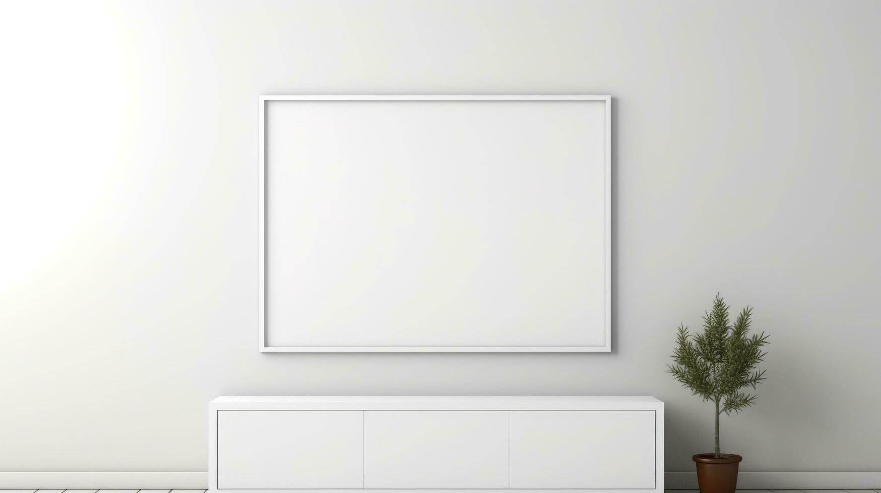 ai gerado branco quadro, Armação com em branco frente, realista em uma brincar modelo dentro uma branco minimalista parede foto