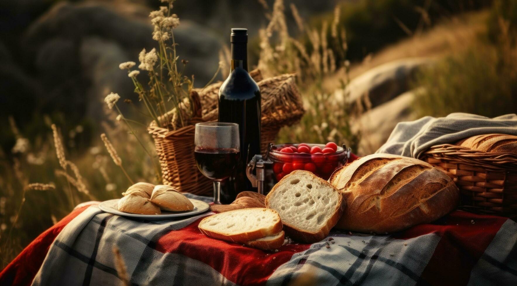 ai gerado piquenique mesa às a campo com vinho e pão, foto
