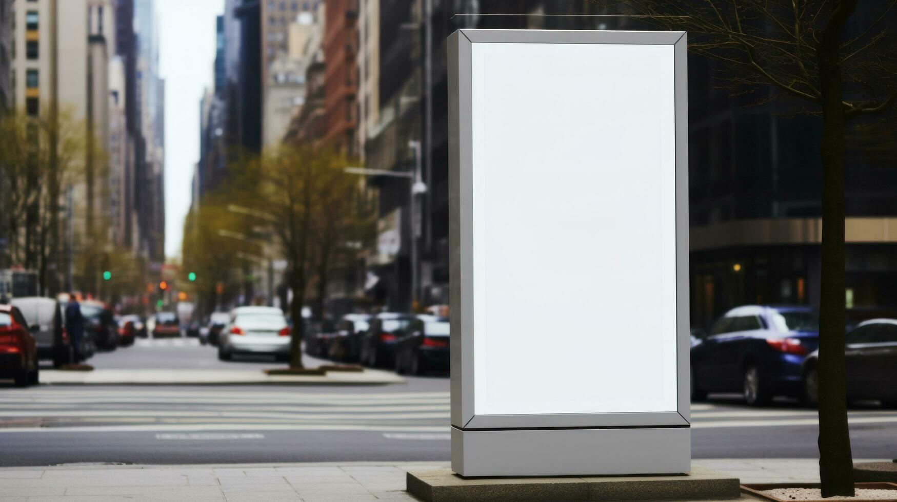 ai gerado ao ar livre publicidade com em branco frente realista em uma brincar modelo dentro uma Primavera rua do grande cidade foto