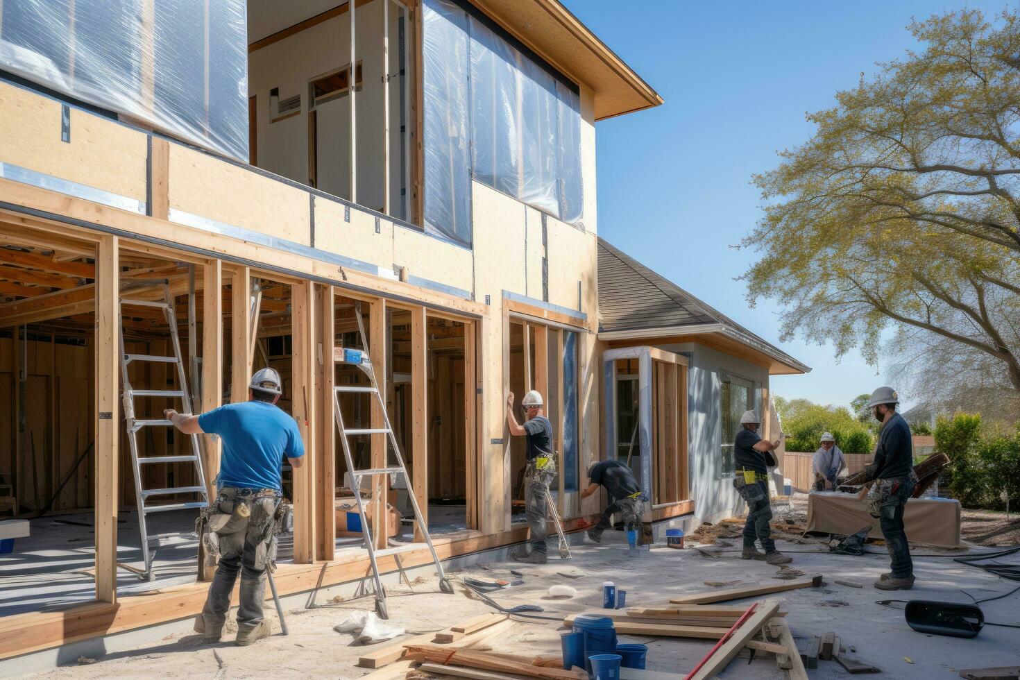 ai gerado construção trabalhadores instalando uma Novo casa em uma construção local dentro Califórnia, uma equipe do trabalhadores instalando janelas e portas dentro uma Novo casa, ai gerado foto