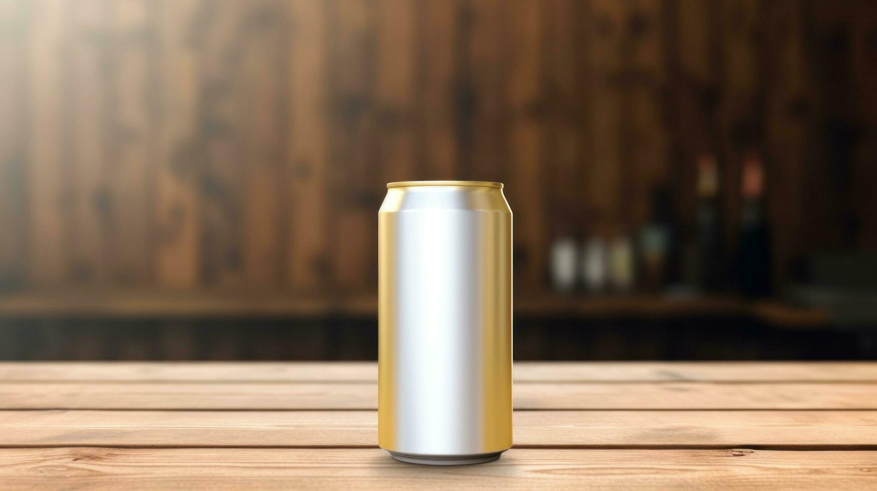 ai gerado ouro Cerveja pode com em branco frente, realista em uma brincar modelo dentro uma mesa dentro uma irlandês bar, foto