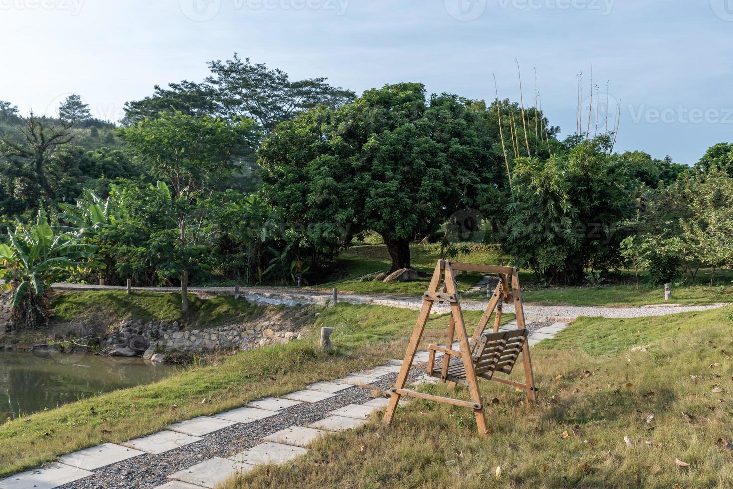 a trilha de caminhada no parque é cercada por árvores foto