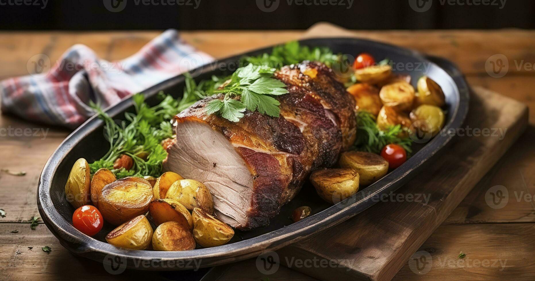 ai gerado saboreando a rico sabores do assado carne de porco com ervas e legumes em uma de madeira mesa foto