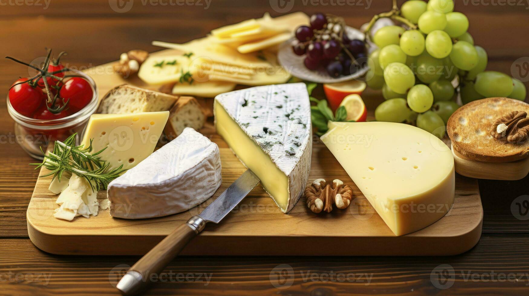 ai gerado uma mistura do requintado queijos e fresco uvas arranjado em uma de madeira borda foto
