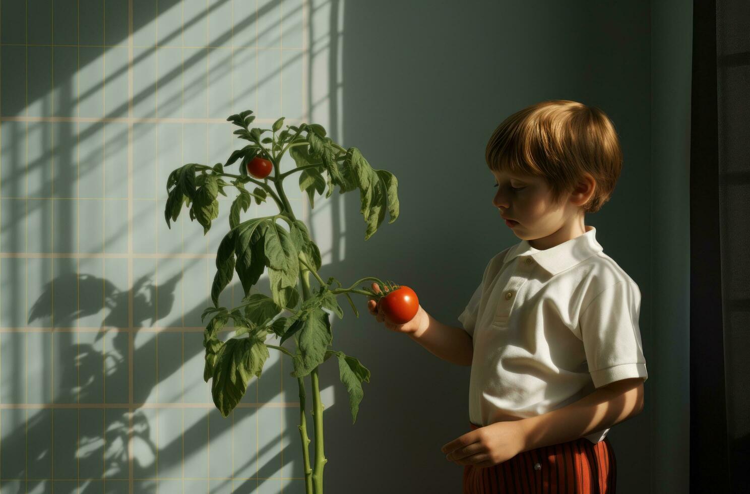 ai gerado uma pequeno Garoto segurando uma tomate enquanto obtendo isto fora do uma plantar, foto