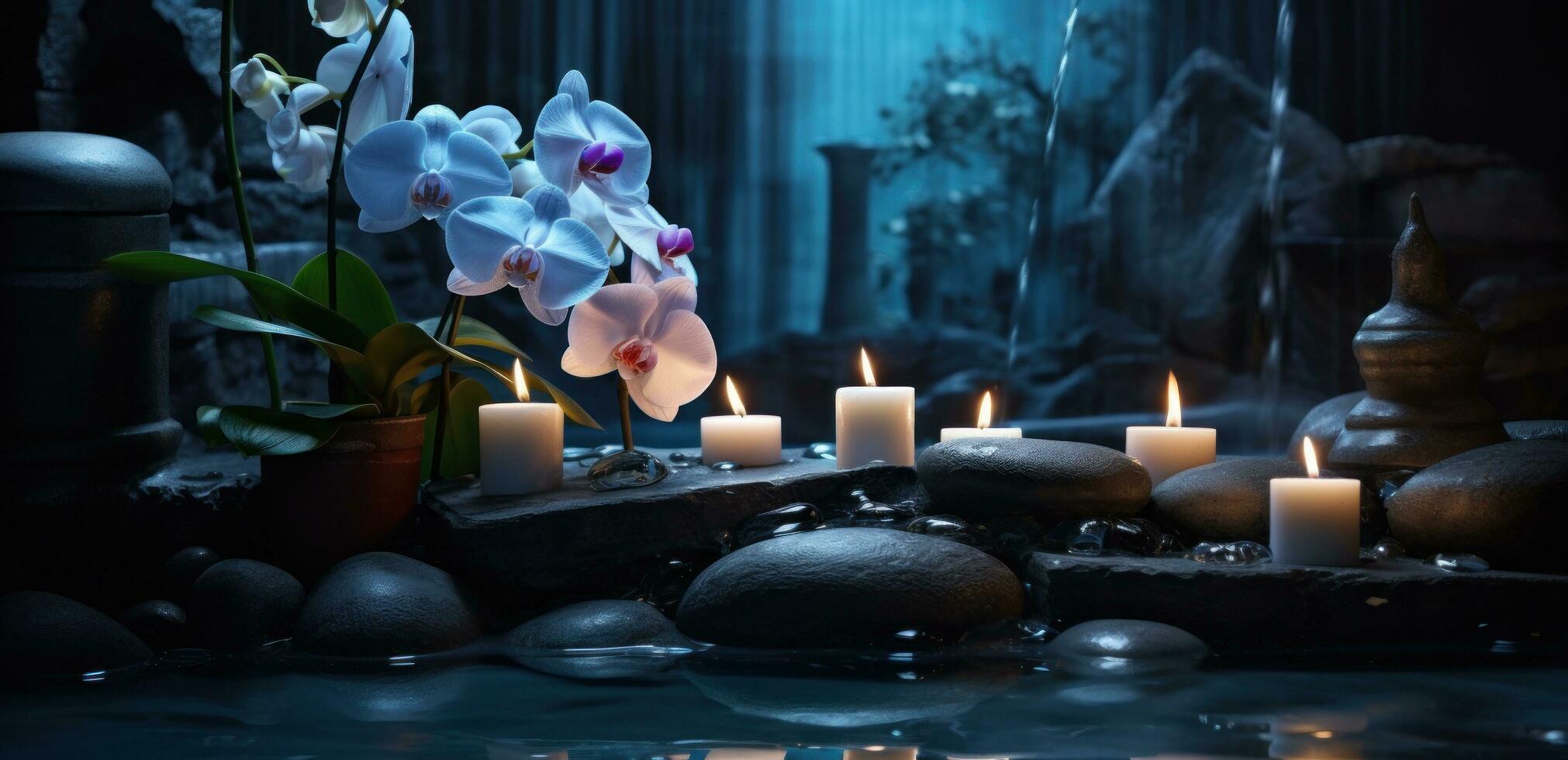 ai gerado uma spa com velas e orquídea, foto