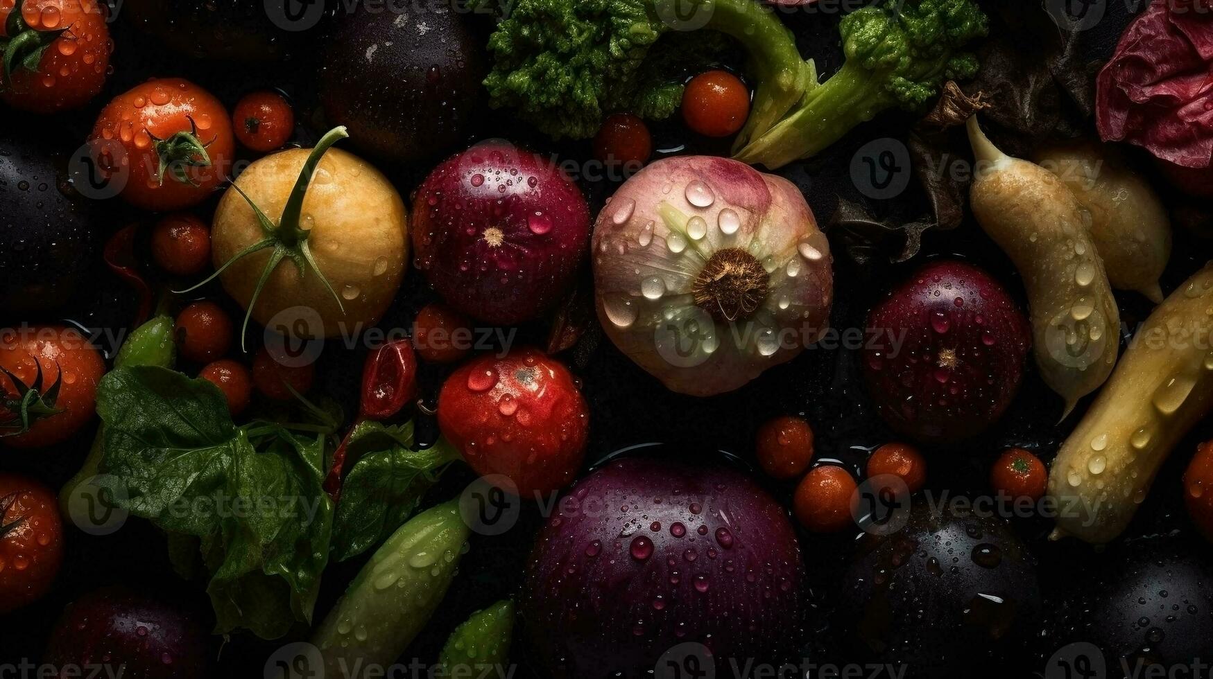 ai gerado fechar-se do fresco legumes com água gotas em Sombrio fundo. saudável Comida conceito foto