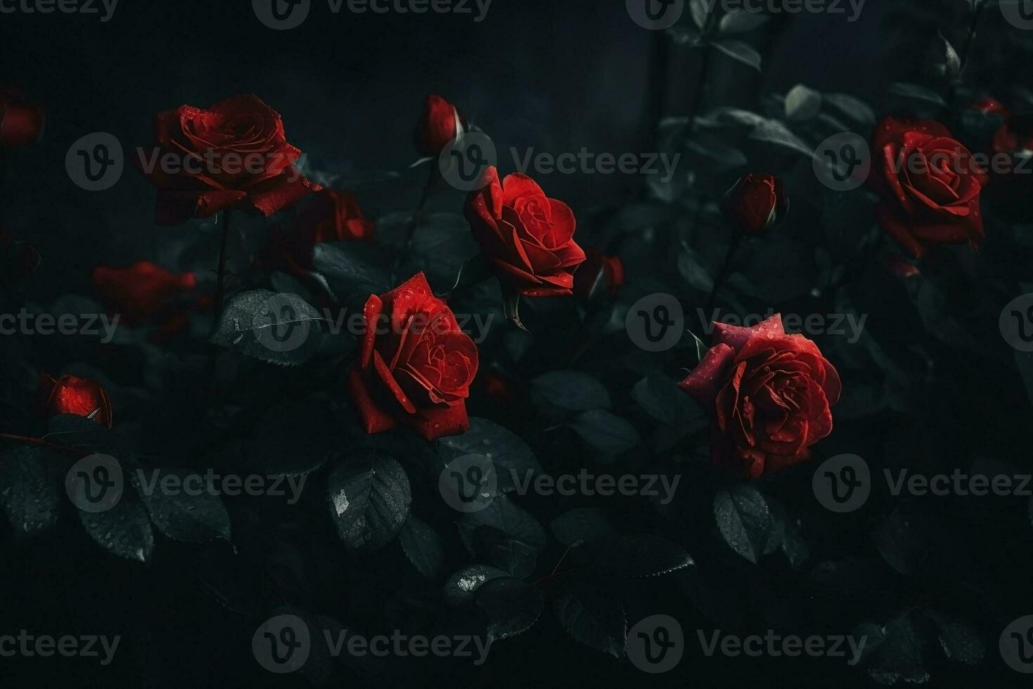 ai gerado vermelho rosas fechar-se Sombrio romântico fundo. ai gerado foto