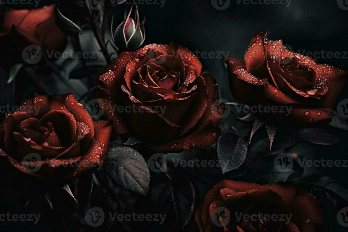 ai gerado vermelho rosas fechar-se Sombrio romântico fundo. flores papel de parede. ai gerado foto