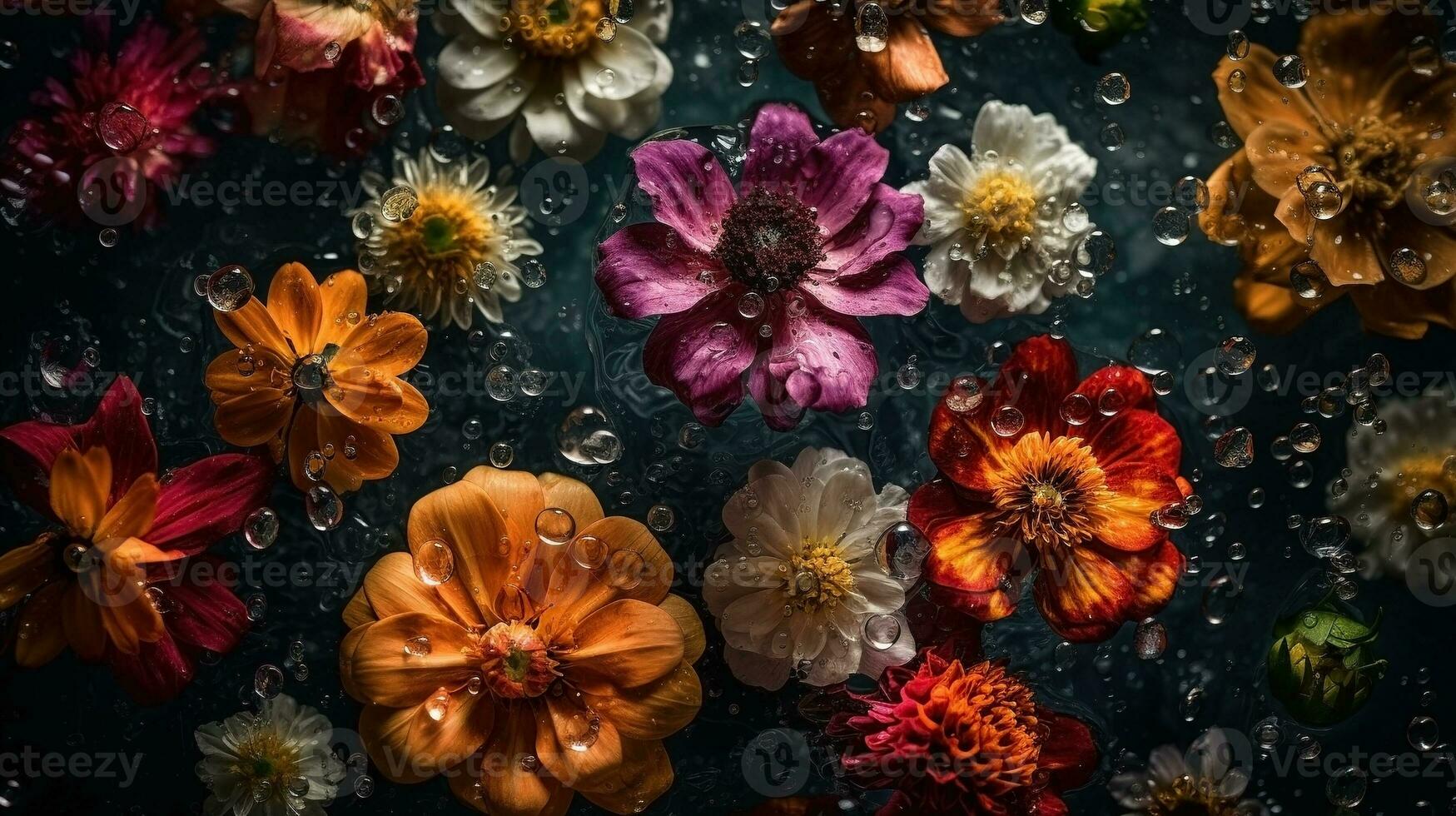 ai gerado flores com gotas do água fechar-se Sombrio romântico fundo. flores silvestres papel de parede. ai gerado foto