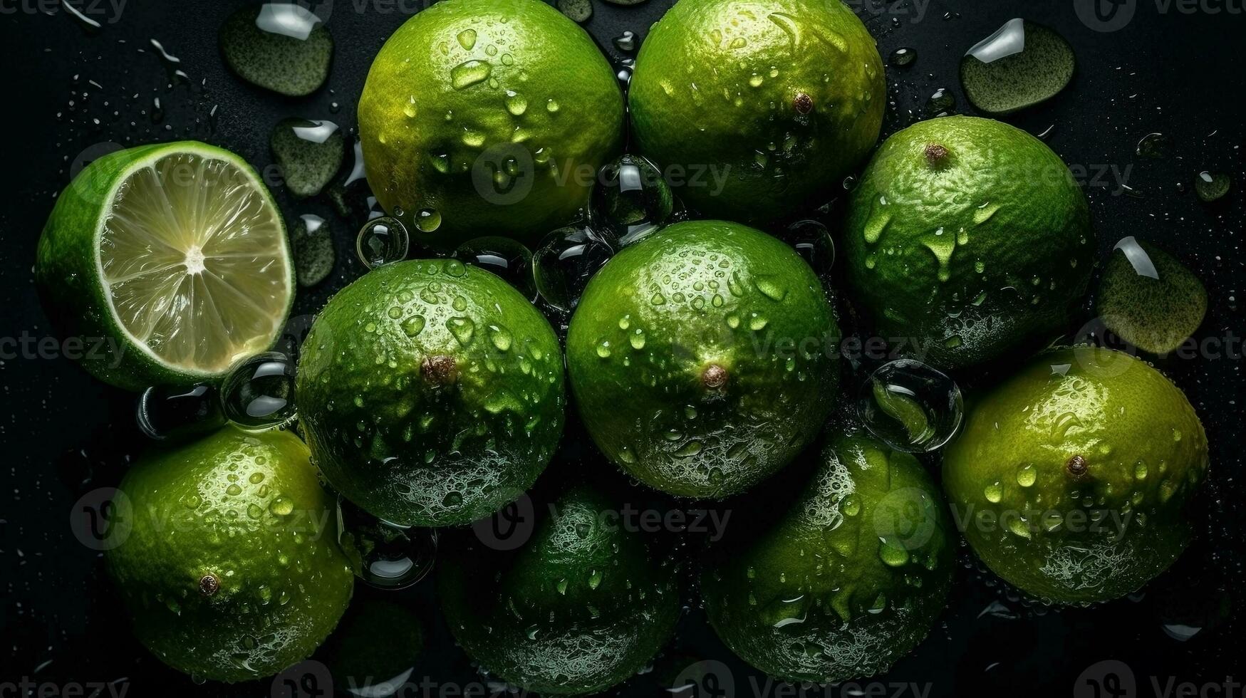 ai gerado fechar-se do limas com água gotas em Sombrio fundo. fruta papel de parede foto