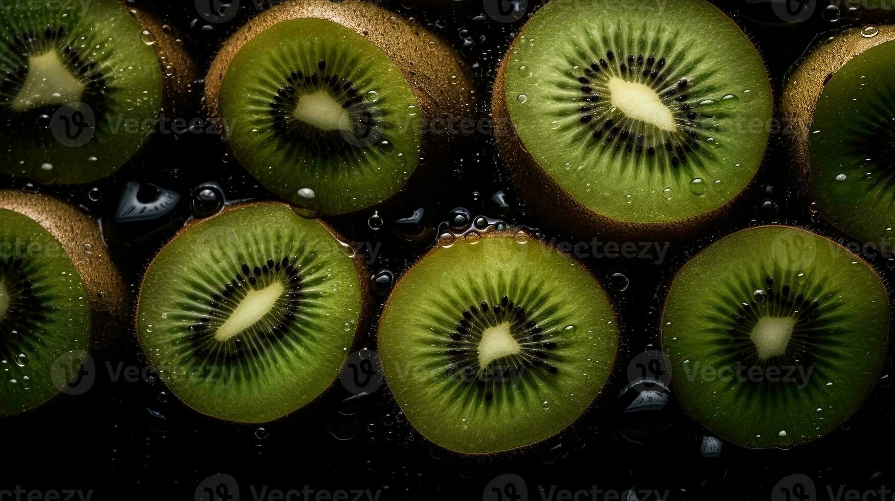 ai gerado fechar-se do kiwi com água gotas em Sombrio fundo. fruta papel de parede foto