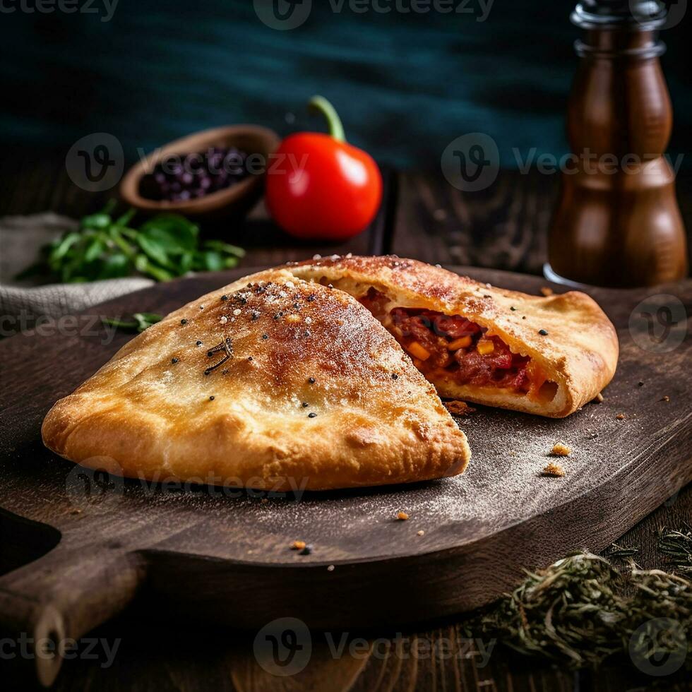 ai gerado delicioso calzone pizza com de madeira base e clássico cozinha foto